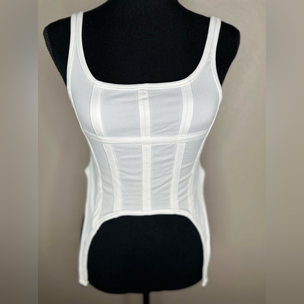 Women's White Ribbed Strapped Tank Top